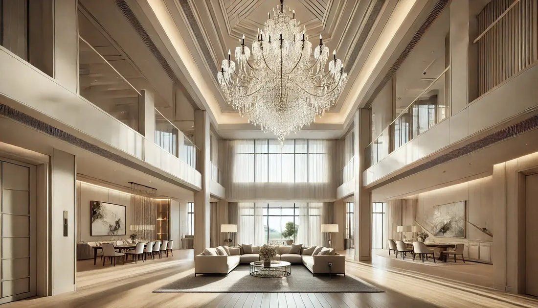 A large chandelier in a high ceiling