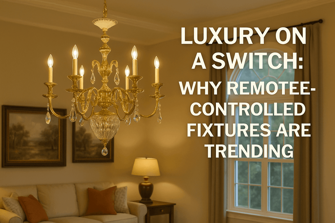 Elegant chandelier in a beautifully lit living room showcasing remote-controlled lighting trends.