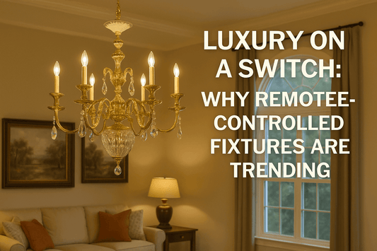Elegant chandelier in a beautifully lit living room showcasing remote-controlled lighting trends.