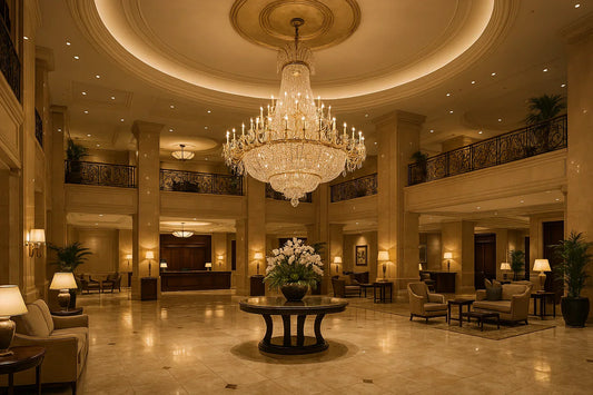 Elegant hotel lobby interior with a grand chandelier and cozy seating, showcasing luxury and hospitality.