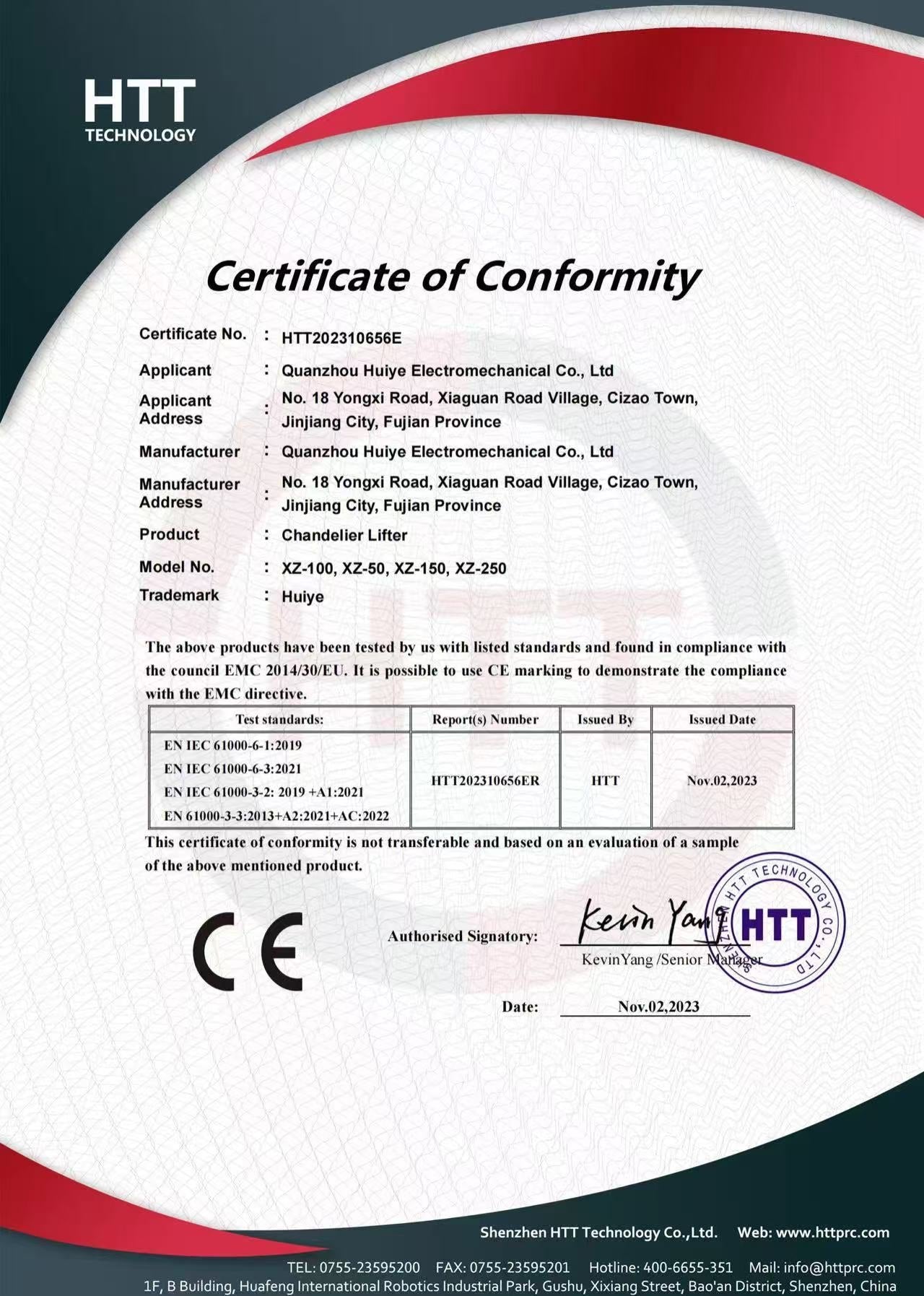 CE certificate for Huiye chandelier winch