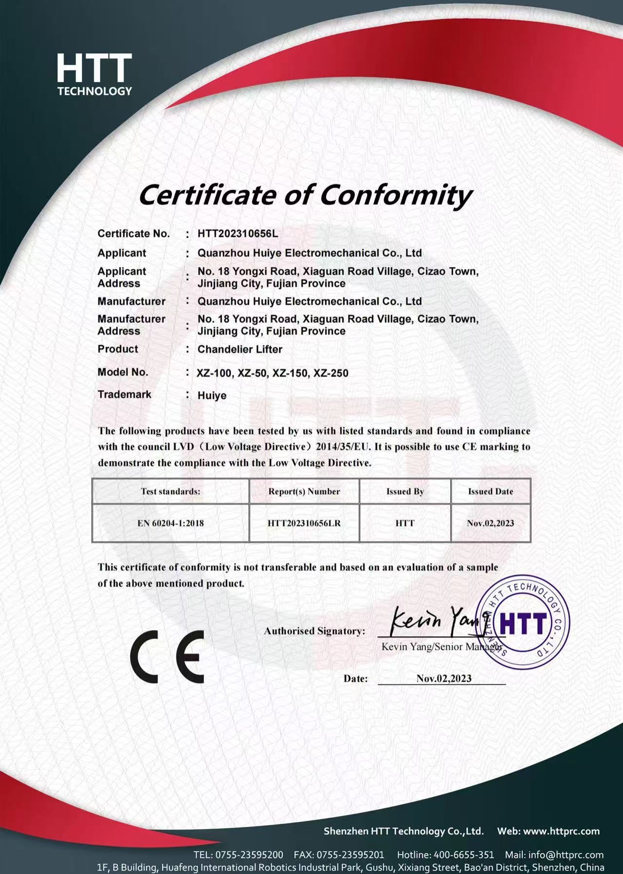 CE certificate of Huiye chandelier lift