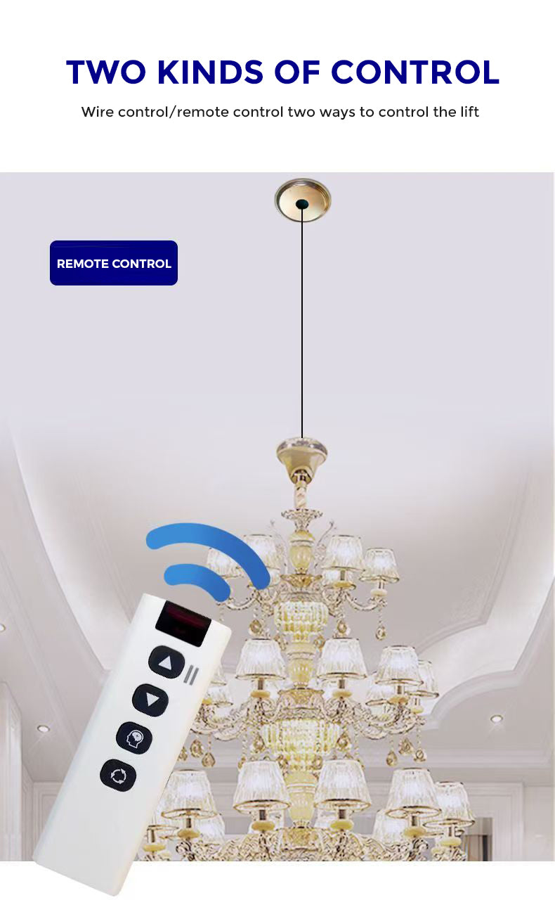 Chandelier lift with remote control and wired control options for flexible lift operation.