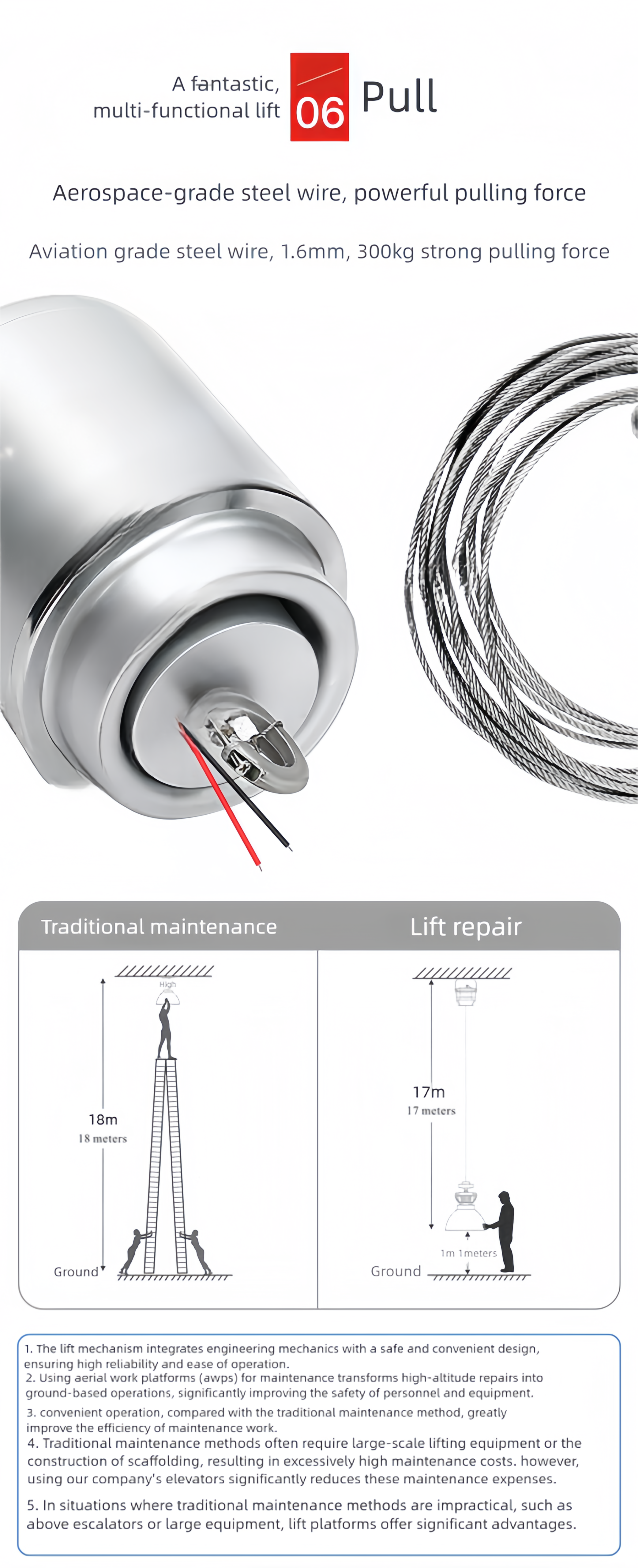 High bay lamp lift featuring aerospace-grade steel wire and a powerful pulling force for efficient maintenance.