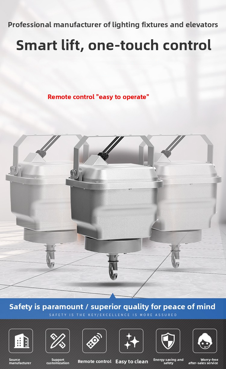 High bay lamp lift with smart one-touch control and remote operation for ease and safety in lighting installation.