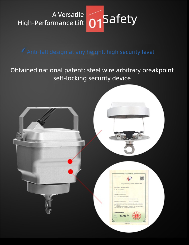 High bay light lift with anti-fall design and national patent for enhanced safety features.