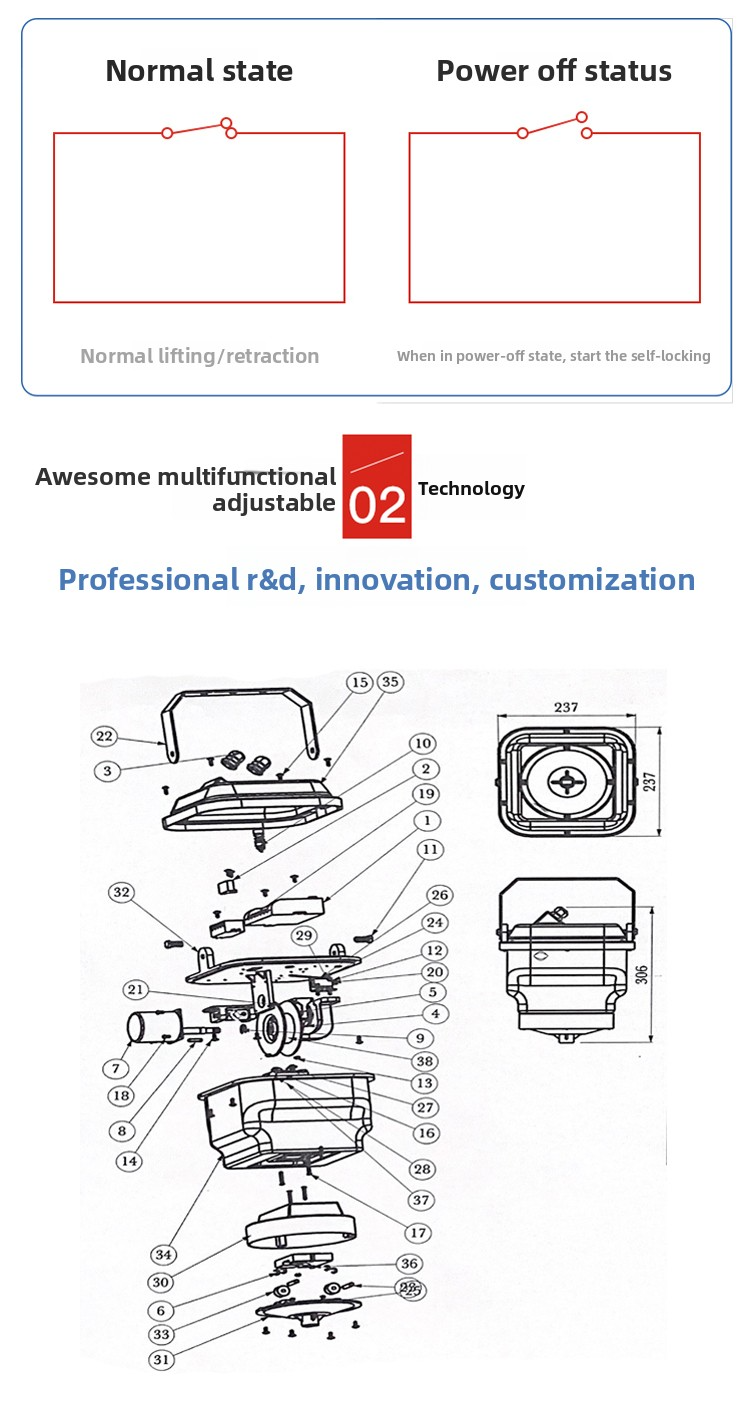 Diagram showing normal and power off states for high bay light lift mechanism with adjustable technology.