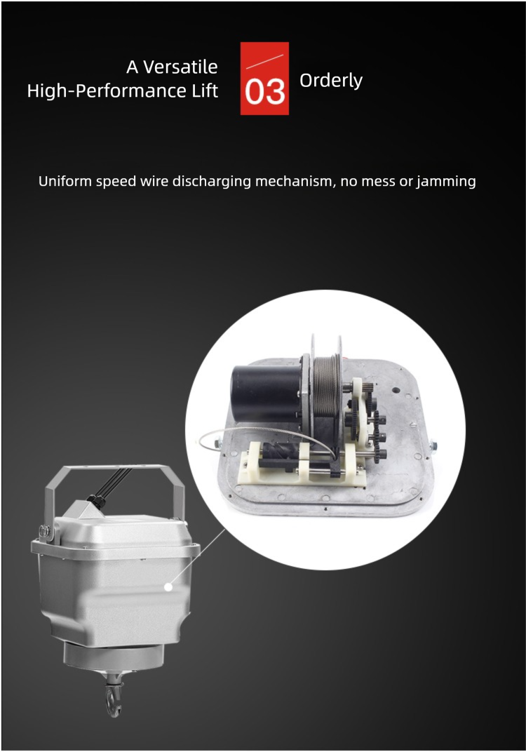 High bay light lift with uniform speed wire discharging mechanism, showcasing no mess or jamming feature.