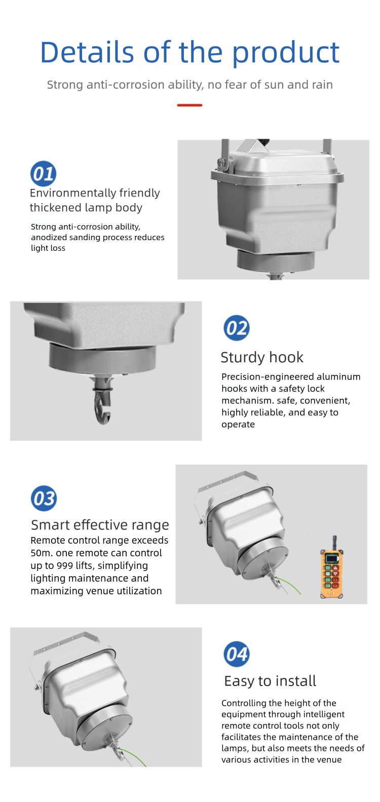 High bay light lift product features with an environmentally friendly design, sturdy hooks, and easy installation.