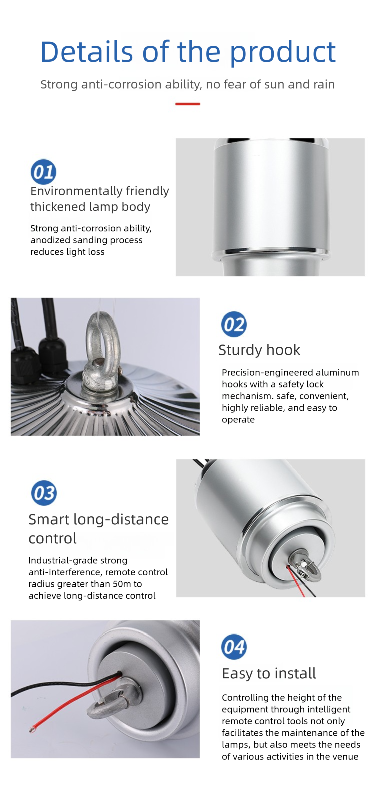 High bay lamp lift details showcasing its eco-friendly design, sturdy hook, long-distance control, and easy installation.