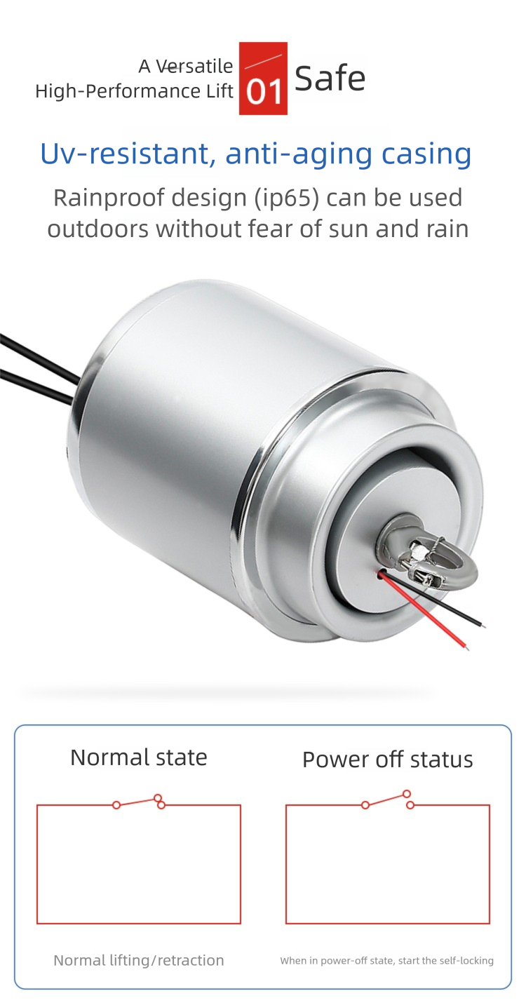 High-performance lift motor with UV-resistant casing for outdoor use, showcasing normal and power-off states.