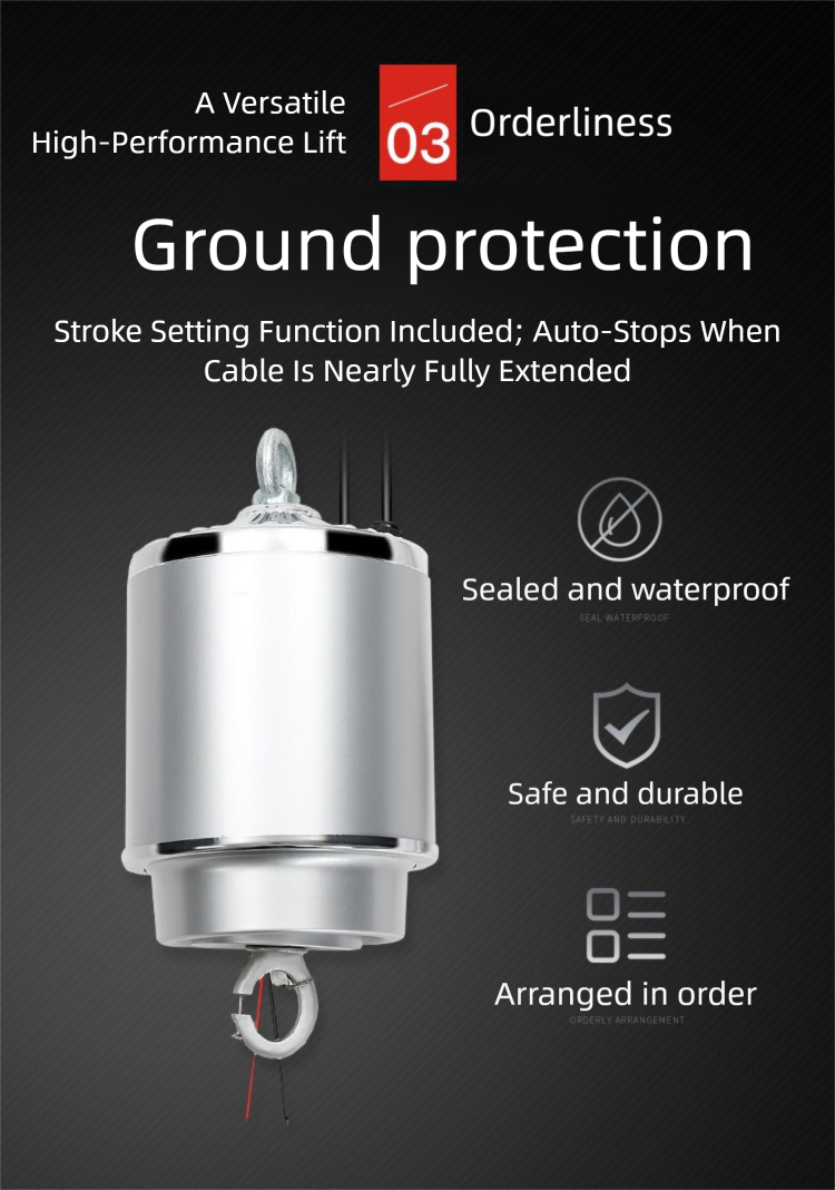 High bay lamp lift showcasing a durable, waterproof design with safety features and orderly arrangement.