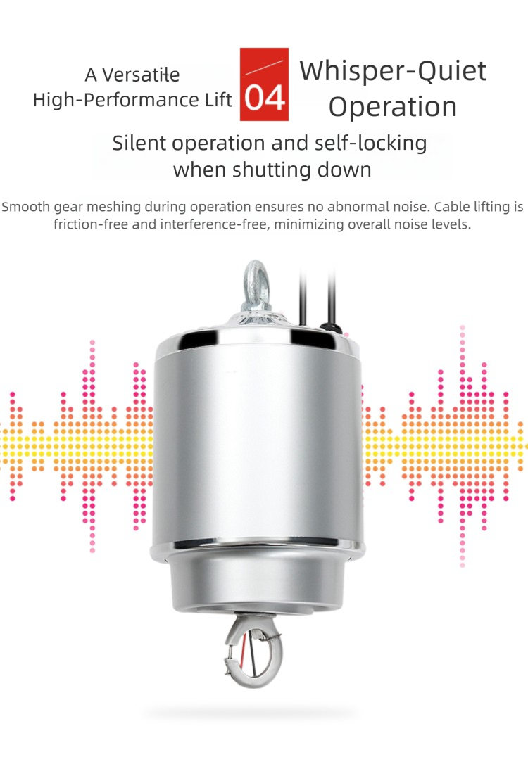 High bay lamp lift with whisper-quiet operation, ensuring silent performance and self-locking features.