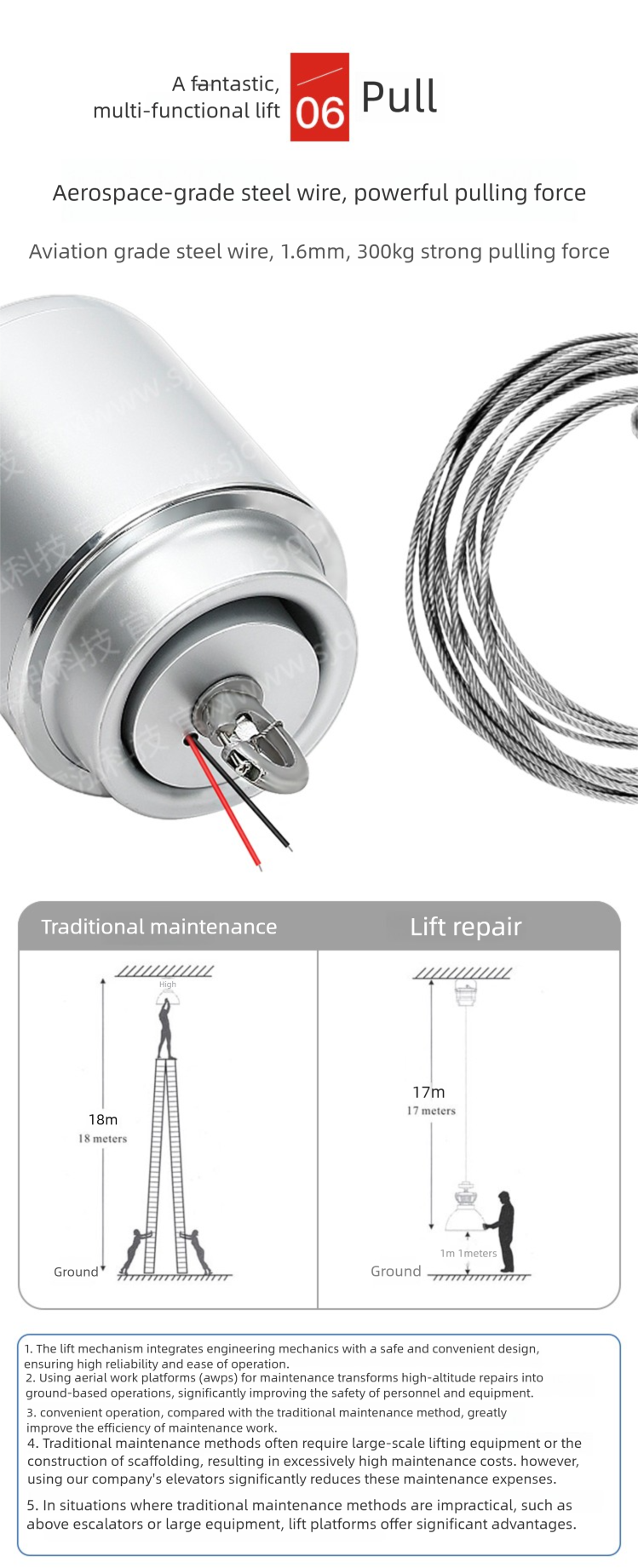High bay lamp lift featuring aerospace-grade steel wire and strong pulling force for efficient operation.