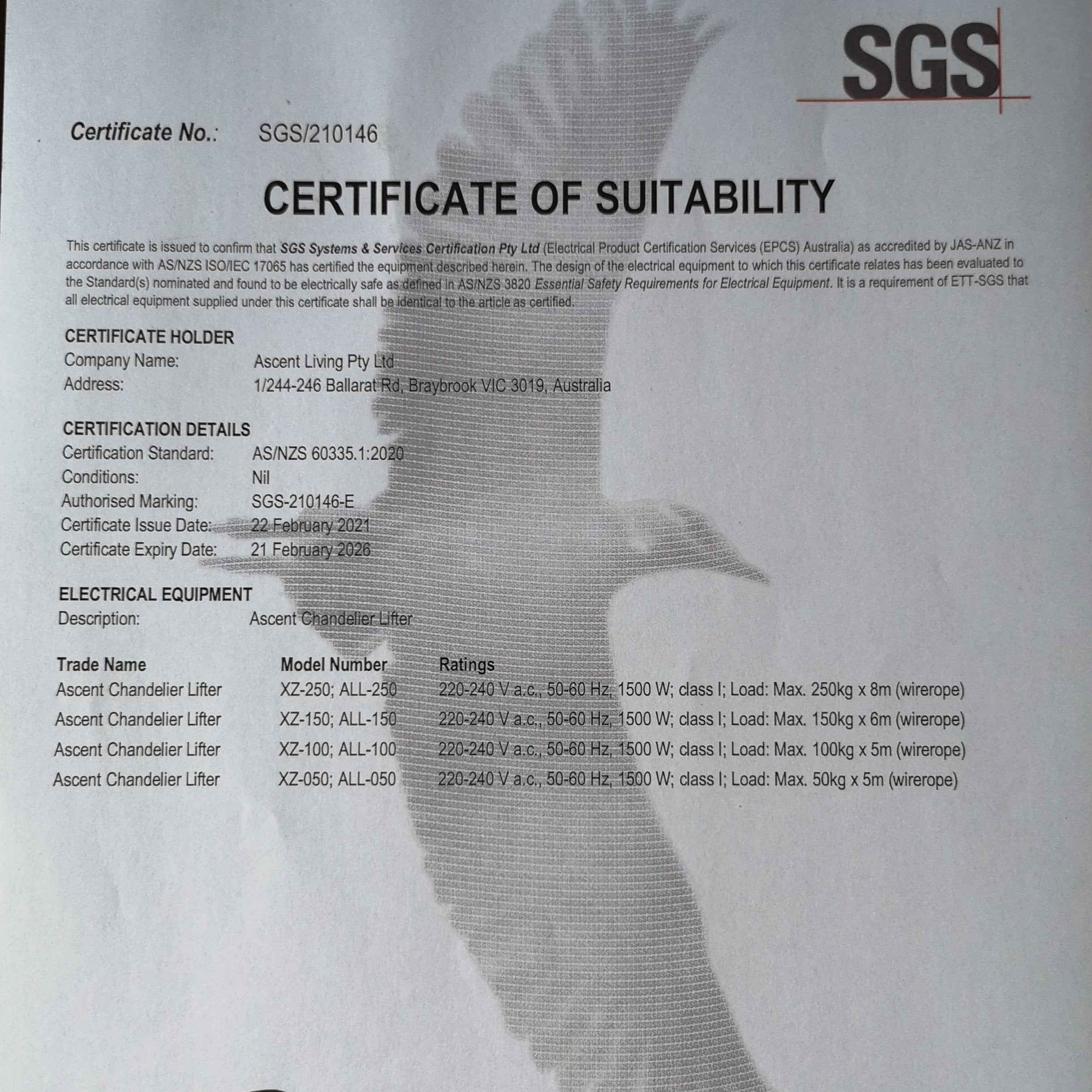 SGS certificate for Huiye chandelier lift