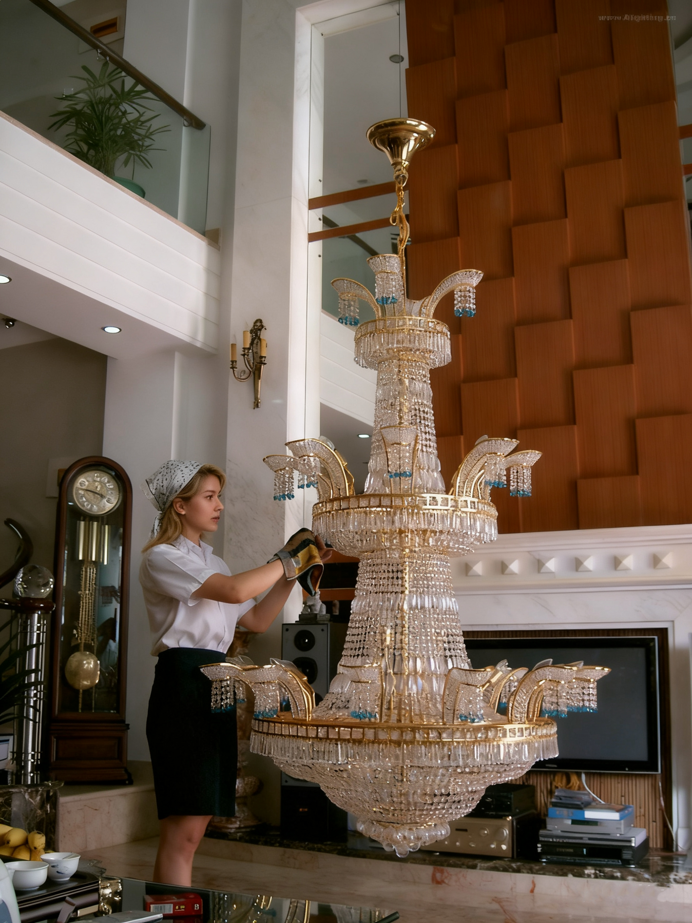 A woman cleaning a stylish chandelier in a luxurious living room setting, showcasing elegance and attention to detail.