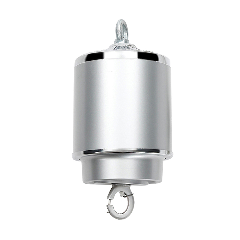 High bay lamp lift with a silver metallic design and hook for easy suspension in industrial settings.