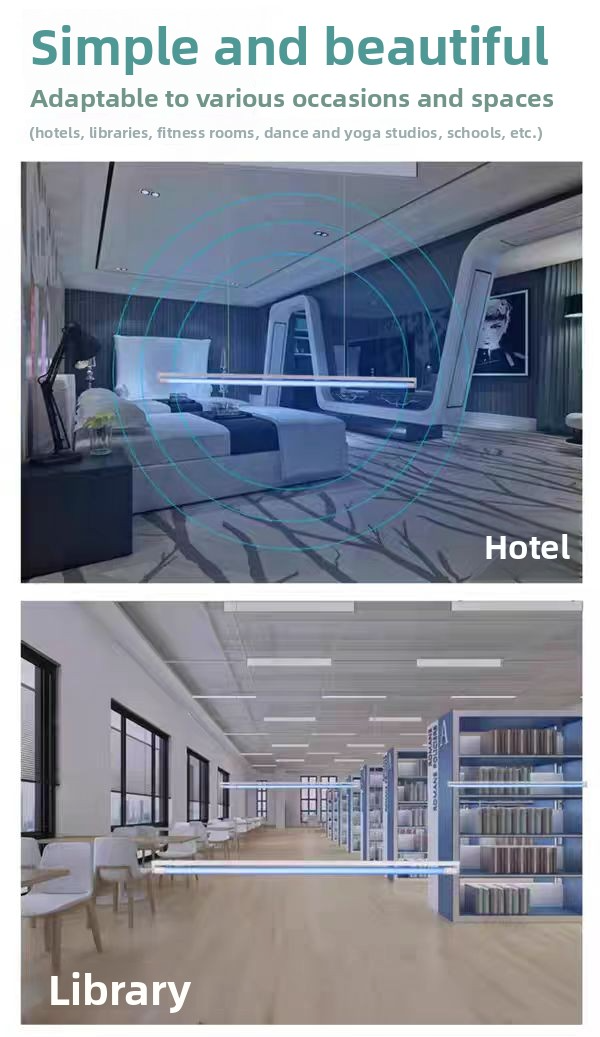 Image showing adaptable spaces for a retractable ultraviolet sterilization lamp in a hotel and library.