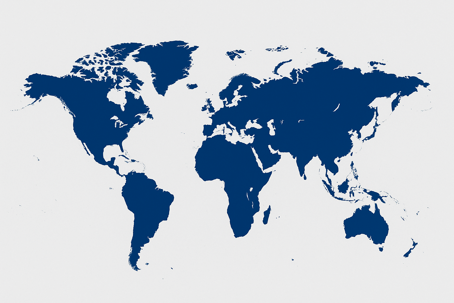 World map in dark blue on a white background, highlighting global continents and regions clearly.